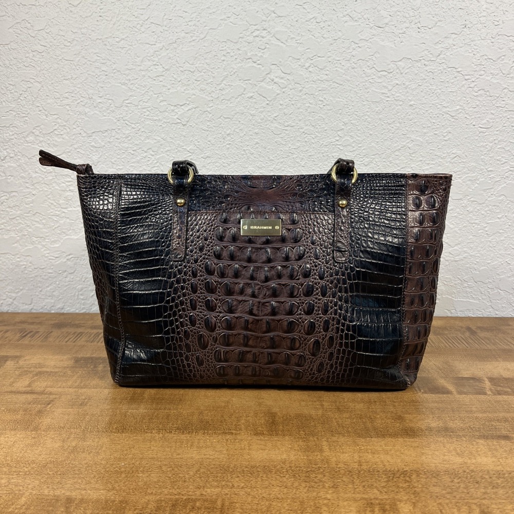 BRAHMIN ASHER SHOULDER PURSE BAG COCOA MELBOURNE LEATHER CROCODILE EMBOSSED